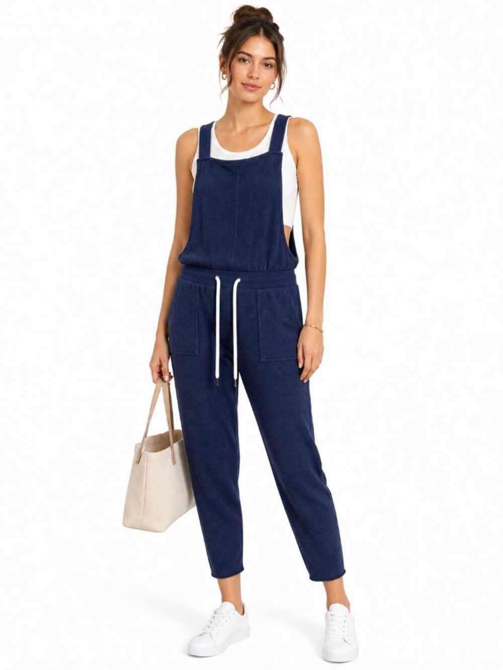 Monrow Supersoft Navy Drawstring Lounge Jumpsuit Overalls Size S